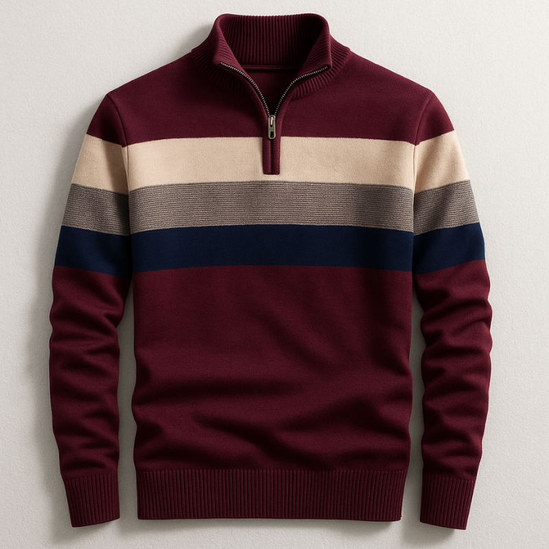 Szymon | Sweter w Paski Męski z Zamkiem Quarter Zip
