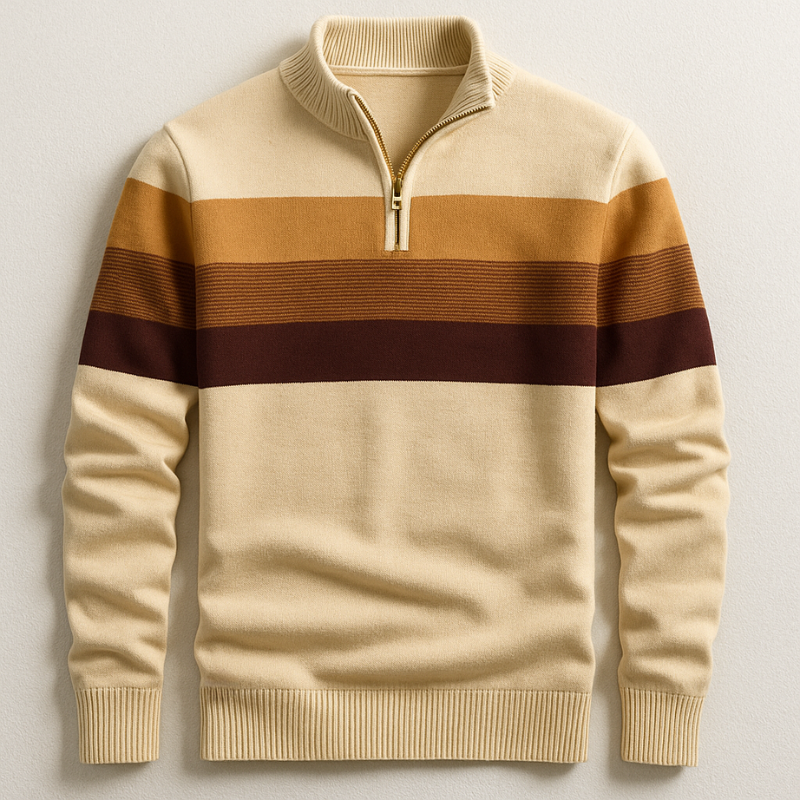 Szymon | Sweter w Paski Męski z Zamkiem Quarter Zip