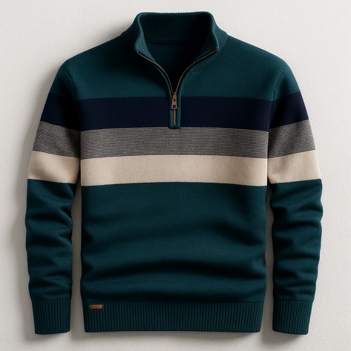 Szymon | Sweter w Paski Męski z Zamkiem Quarter Zip
