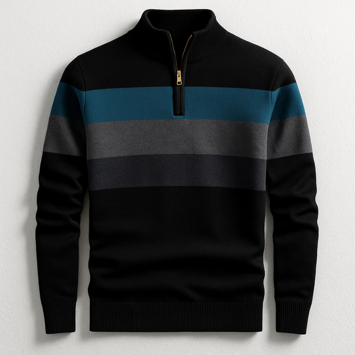 Szymon | Sweter w Paski Męski z Zamkiem Quarter Zip
