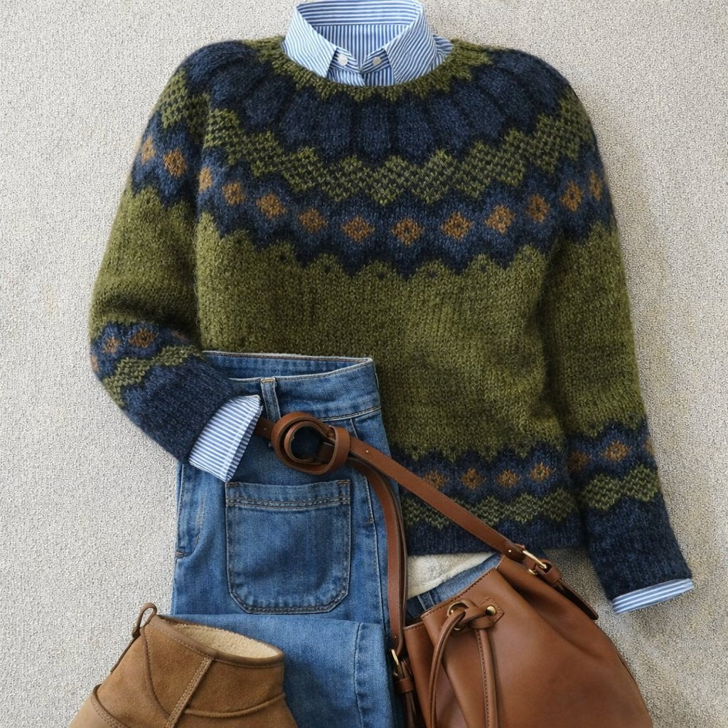 Wiktoria | Sweter Damski z Wzorem Fair Isle Wełniany Okrągły Dekolt